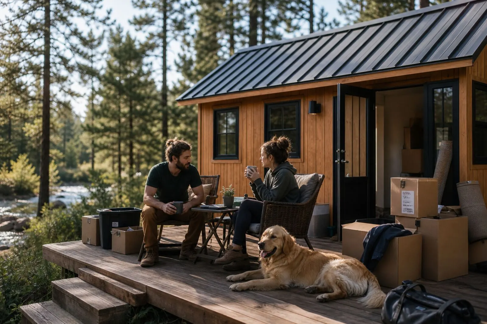 Couple with their golden retriever enjoying coffee outside their tiny home in the woods