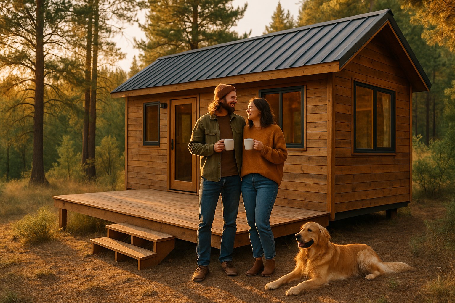 Couple with their golden retriever enjoying coffee outside their tiny home in the woods