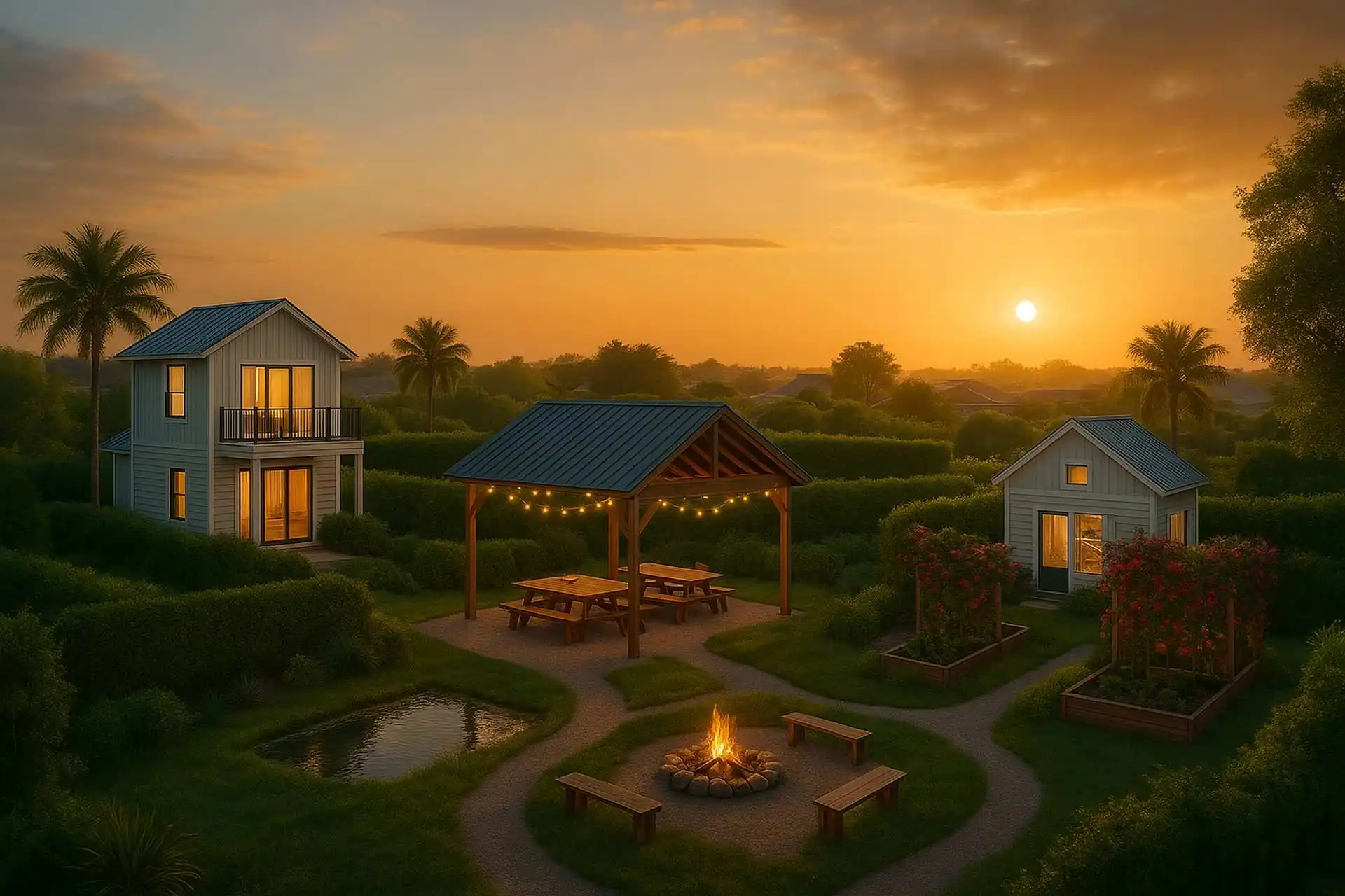 Tiny homes at sunset with gazebo, fire pit, and lush gardens